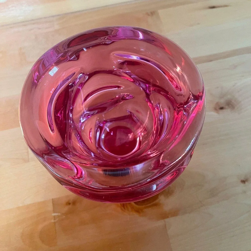 Vintage Pink Art Glass Vase Heavy Glass‎ Embossed Swirls Accent Decor